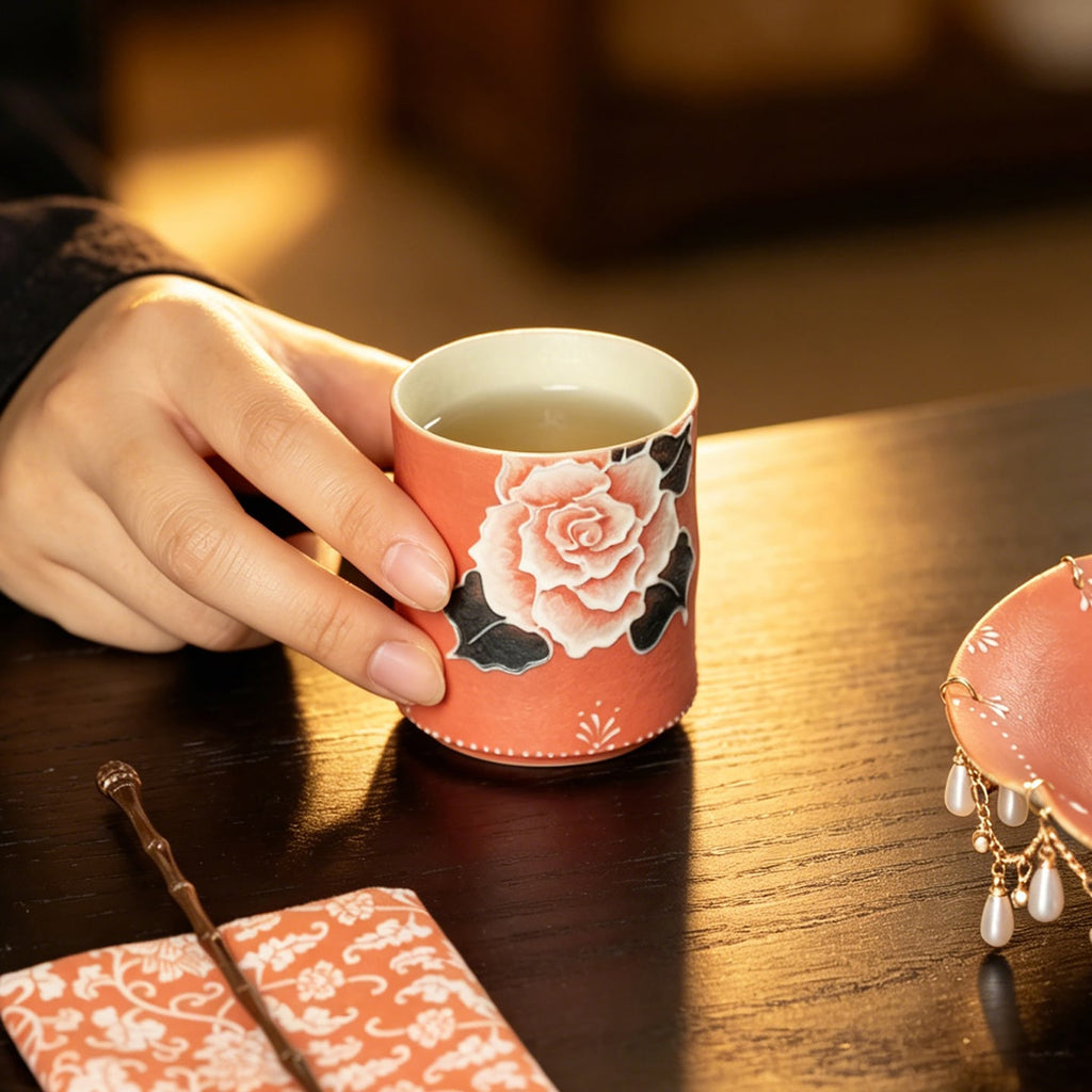 Cinnabar Red Brocade Peony Bamboo-Knot Tasting Cup — view 2