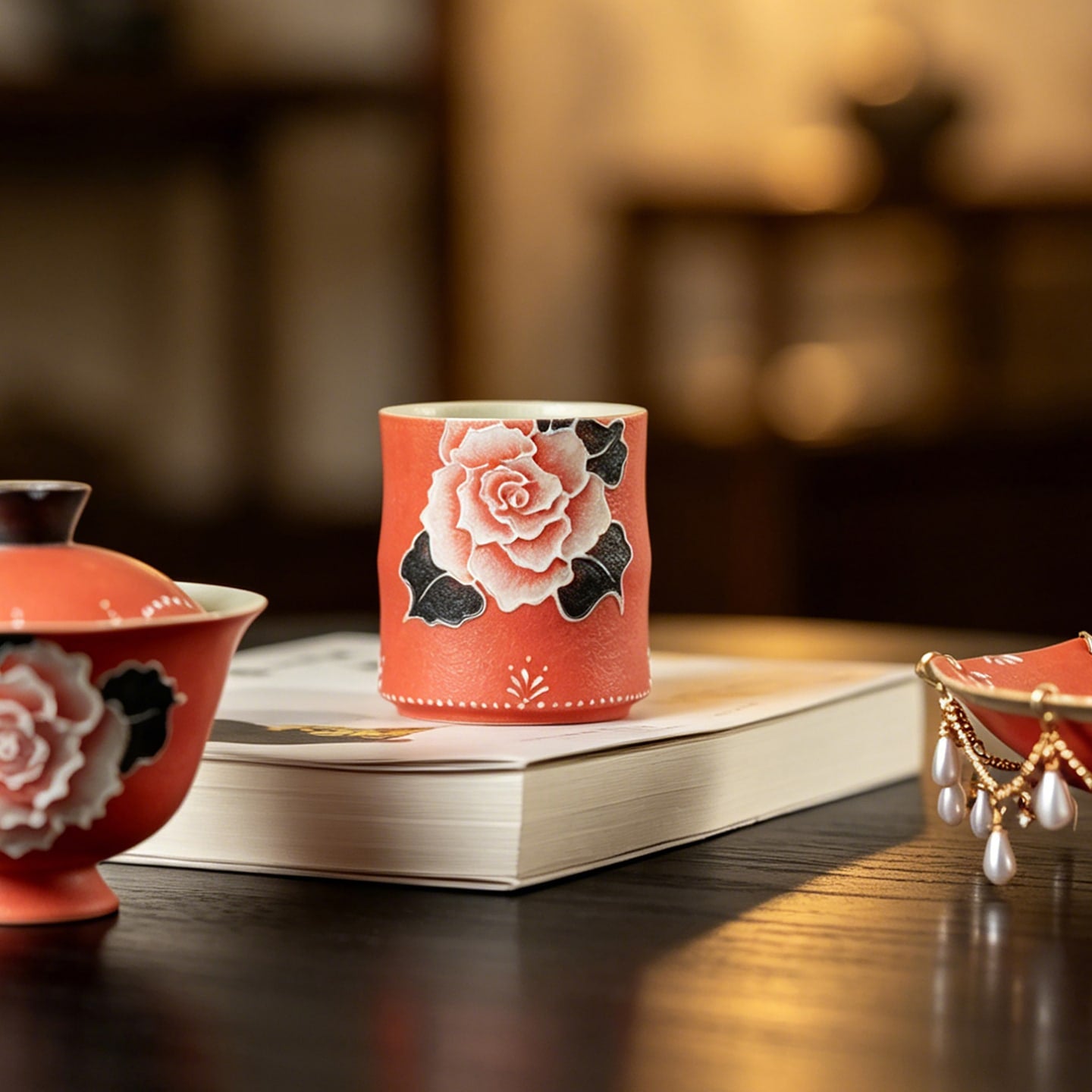 Cinnabar Red Brocade Peony Bamboo-Knot Tasting Cup — view 3