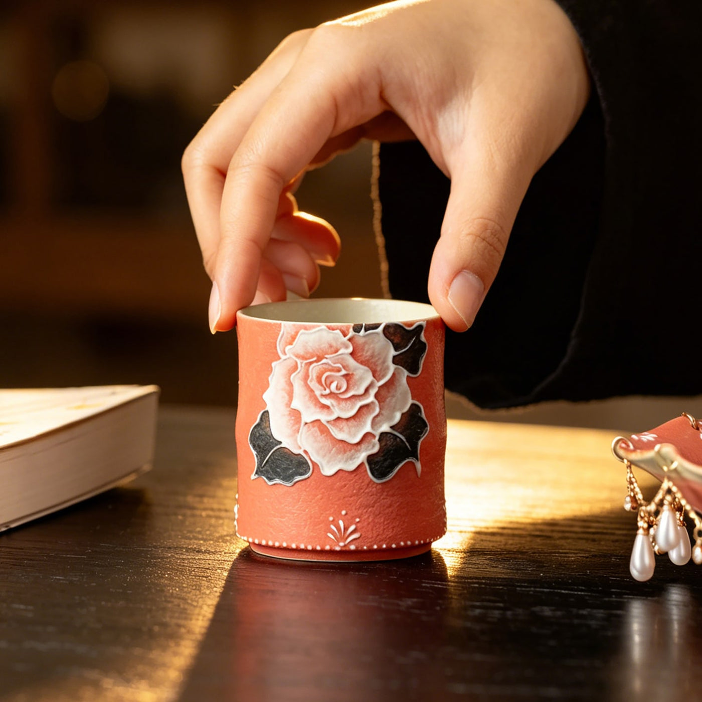 Cinnabar Red Brocade Peony Bamboo-Knot Tasting Cup