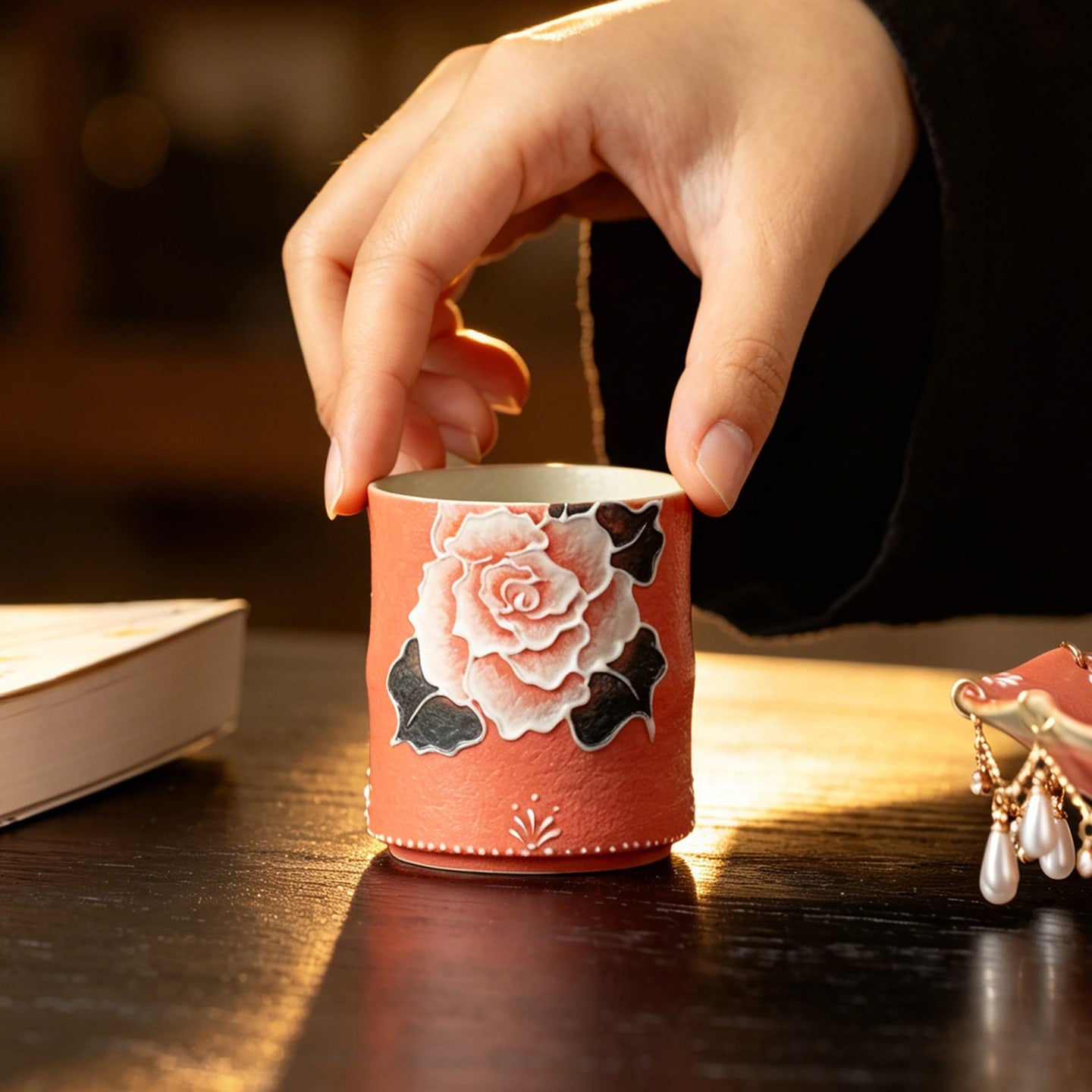 Cinnabar Red Brocade Peony Bamboo-Knot Tasting Cup — view 4