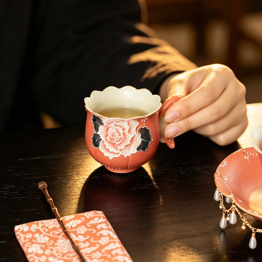 Cinnabar Red Brocade Peony Butterfly Handle Tasting Cup — view 2