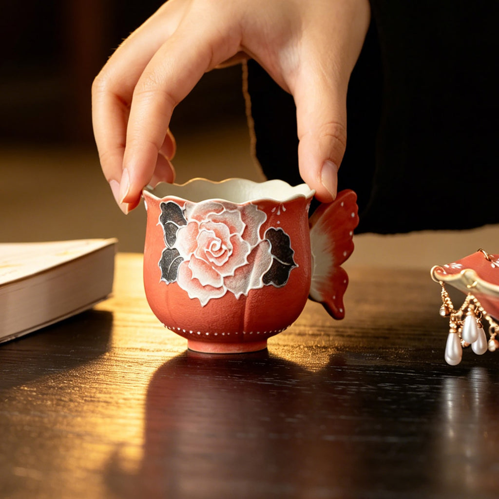 Cinnabar Red Brocade Peony Butterfly Handle Tasting Cup — view 3