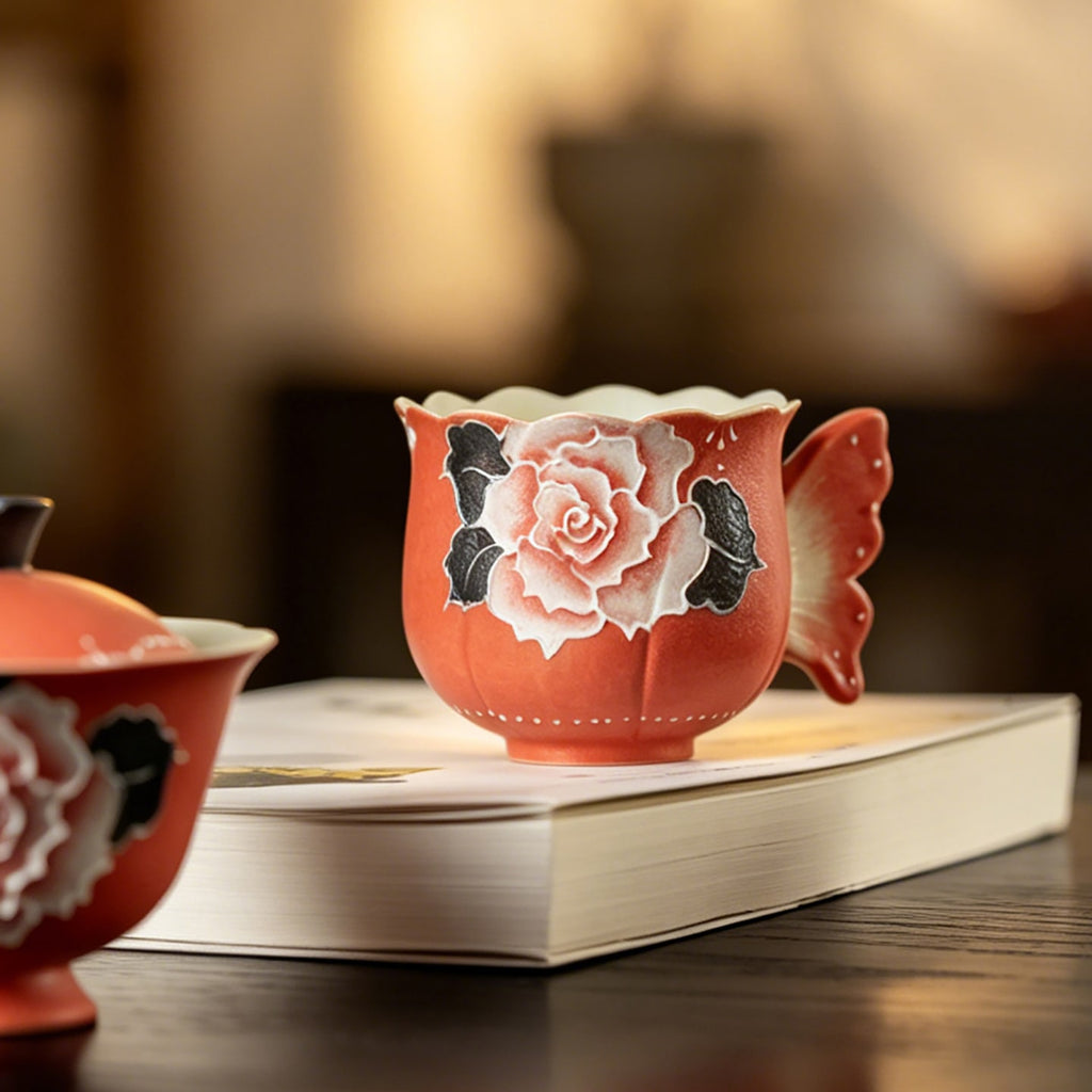 Cinnabar Red Brocade Peony Butterfly Handle Tasting Cup — view 4