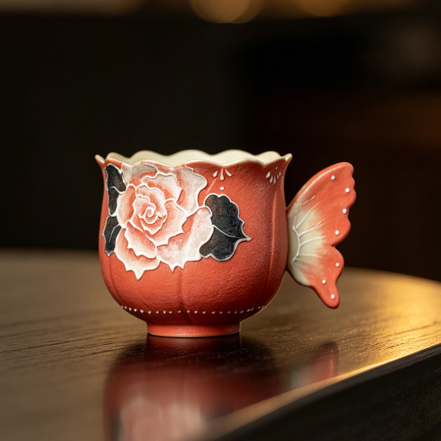 Cinnabar Red Brocade Peony Butterfly Handle Tasting Cup — view 5