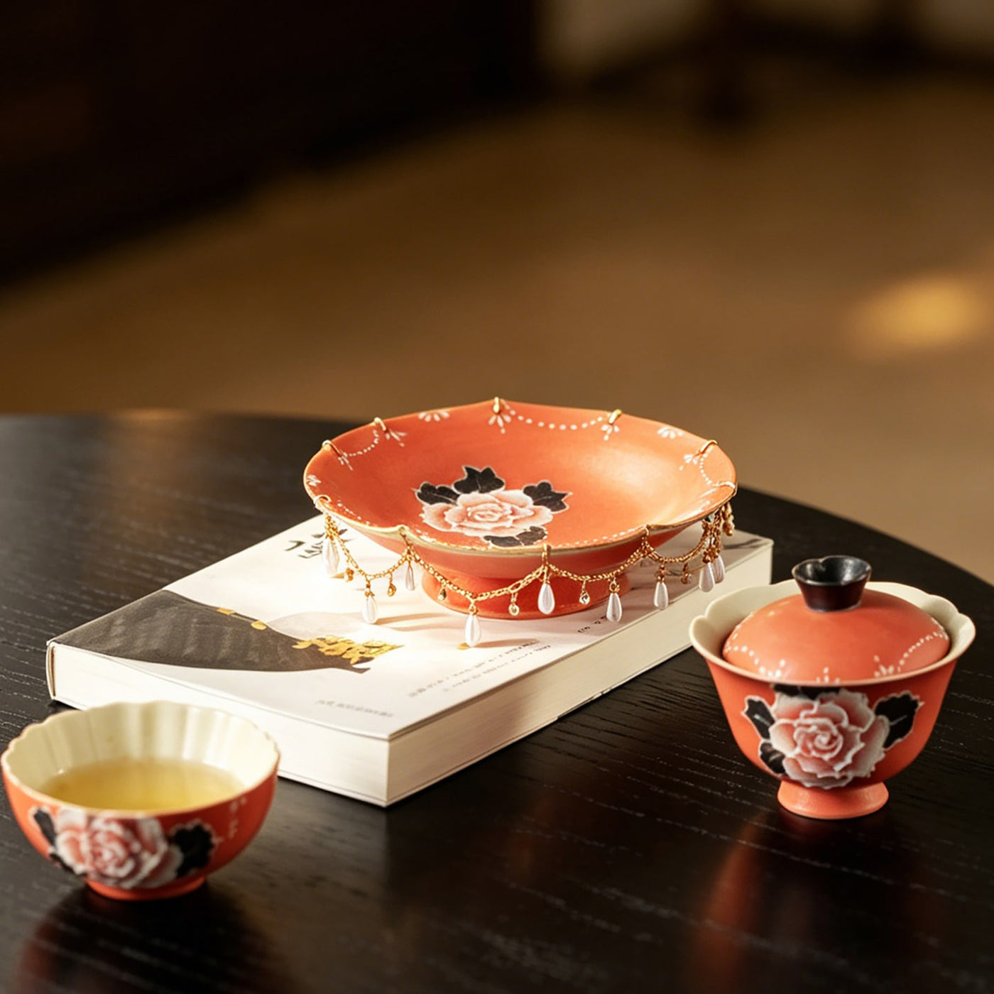 Cinnabar Red Brocade Peony Gilded-Fringe Pot Rest