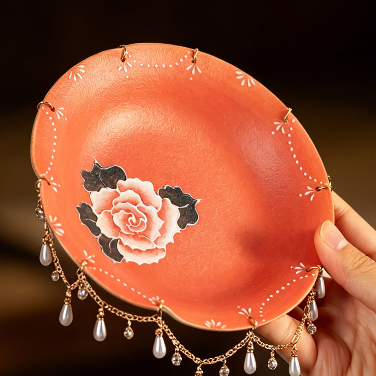 Cinnabar Red Brocade Peony Gilded-Fringe Pot Rest — view 5