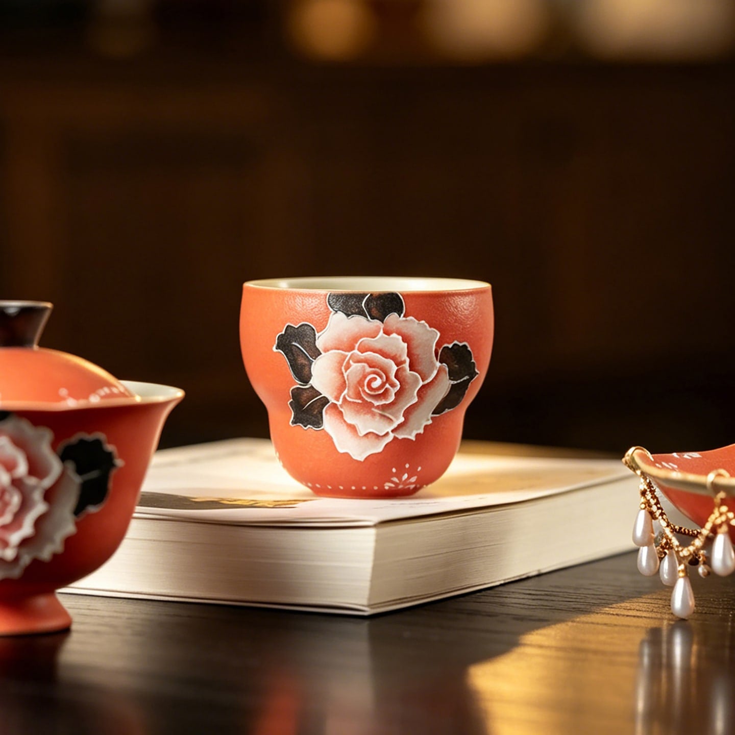 Cinnabar Red Brocade Peony Gourd Tasting Cup — view 3