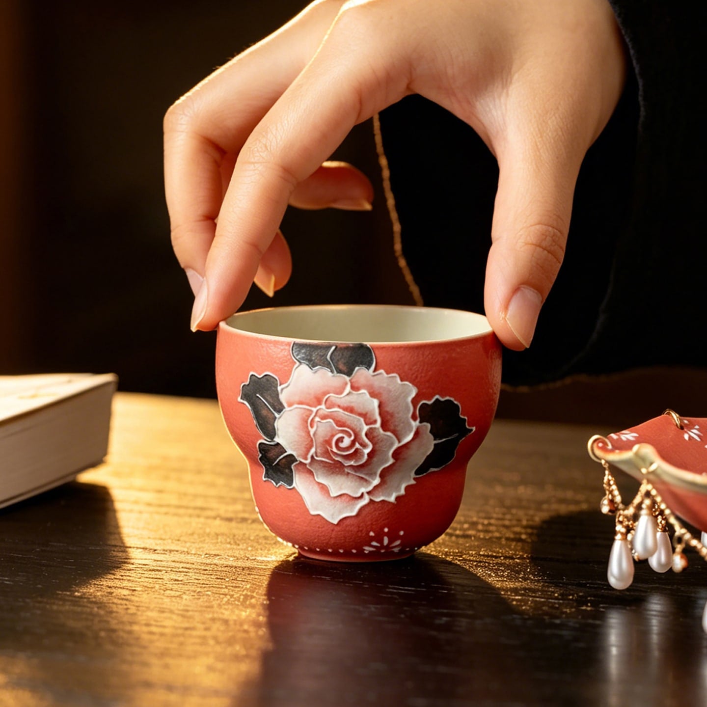 Cinnabar Red Brocade Peony Gourd Tasting Cup — view 4