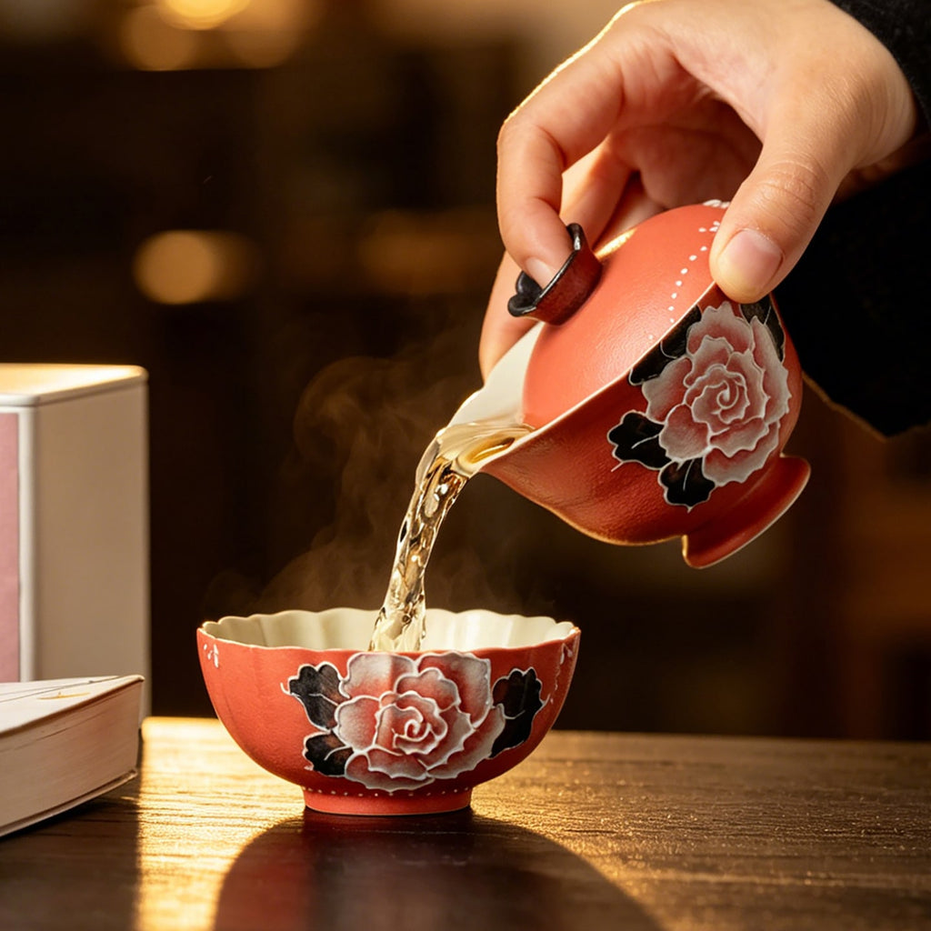 Cinnabar Red Brocade Peony High-Footed Petal-Rim Gaiwan — view 2