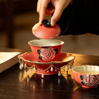Cinnabar Red Brocade Peony High-Footed Petal-Rim Gaiwan — view 3