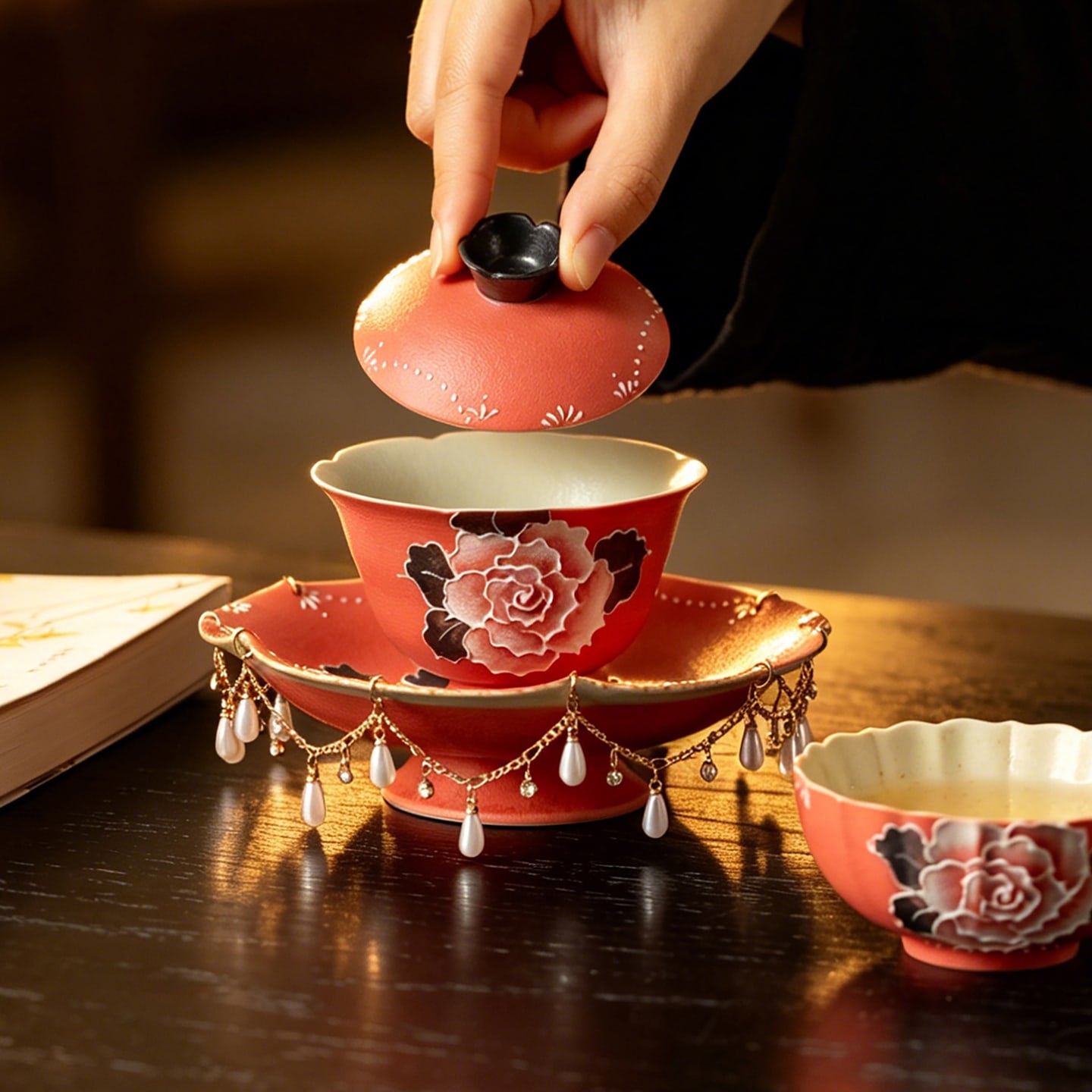 Cinnabar Red Brocade Peony High-Footed Petal-Rim Gaiwan — view 3