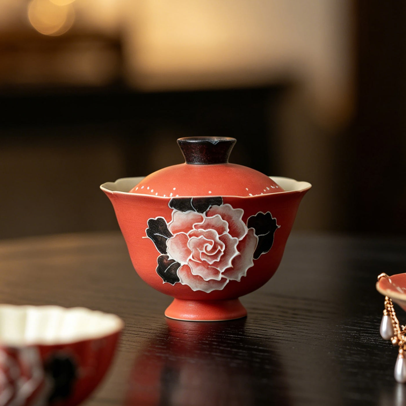 Cinnabar Red Brocade Peony High-Footed Petal-Rim Gaiwan