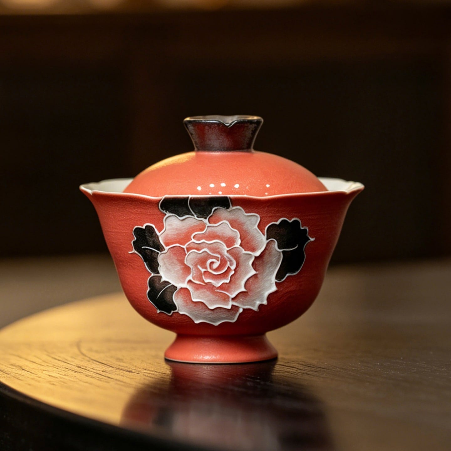 Cinnabar Red Brocade Peony High-Footed Petal-Rim Gaiwan — view 5