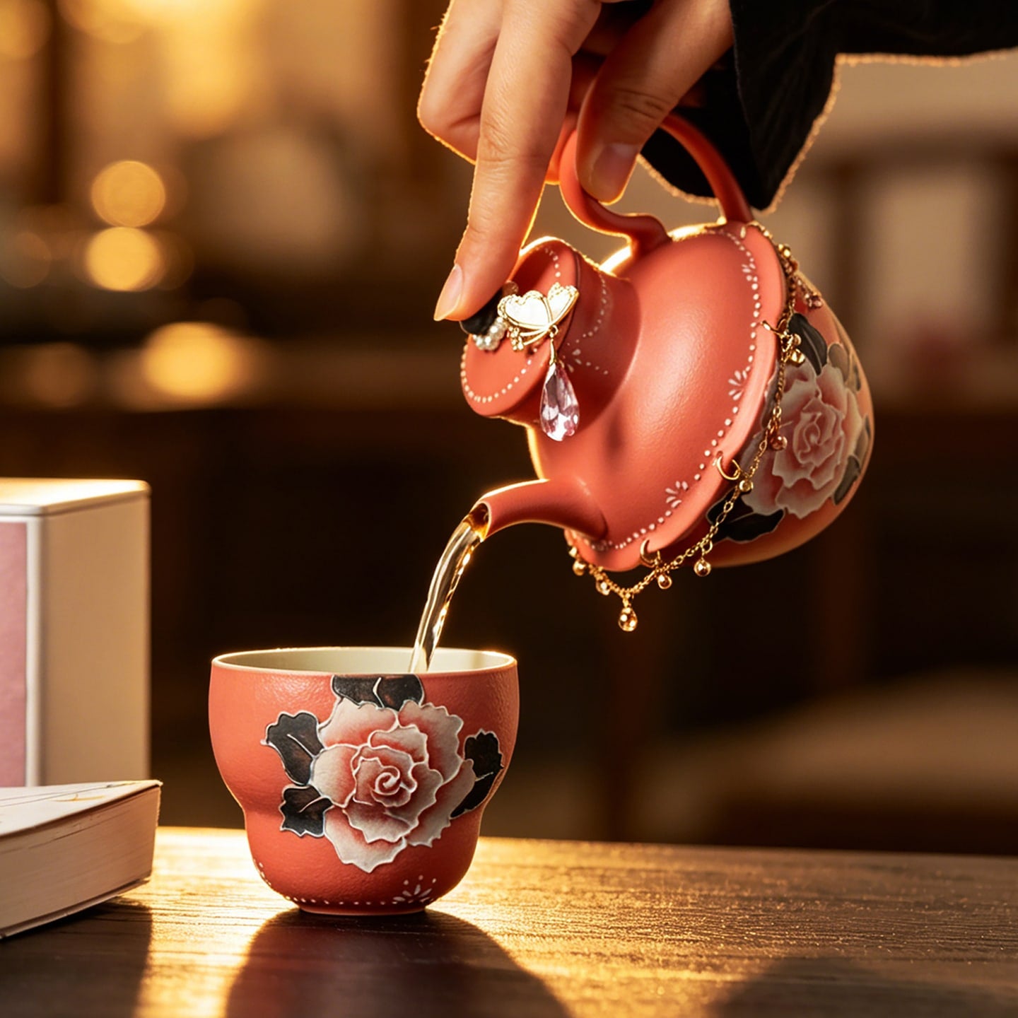 Cinnabar Red Brocade Peony Islet Teapot — view 2