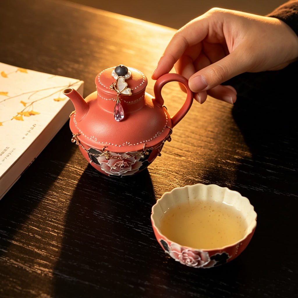 Cinnabar Red Brocade Peony Islet Teapot — view 3