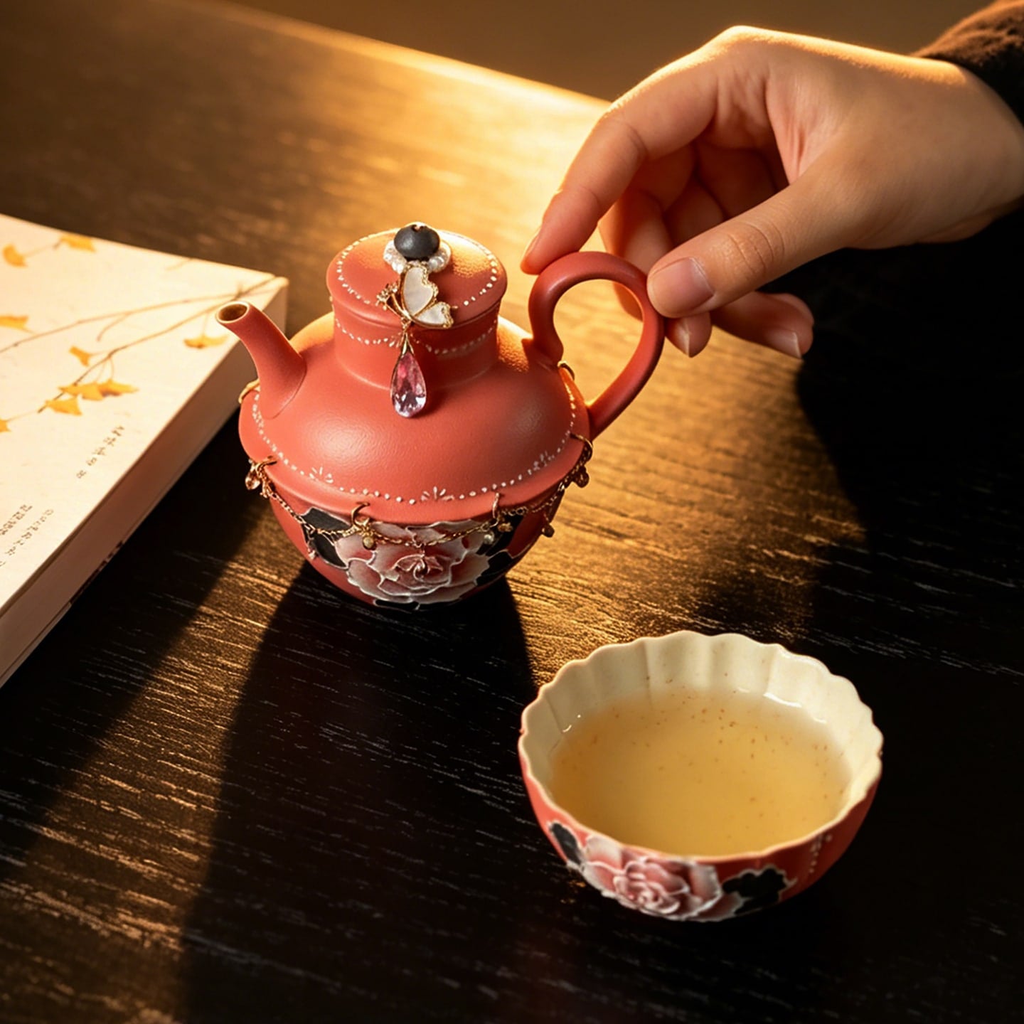 Cinnabar Red Brocade Peony Islet Teapot — view 3