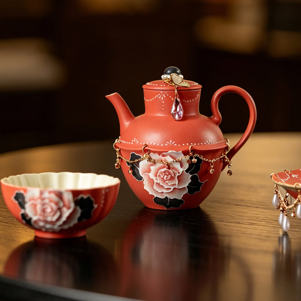 Cinnabar Red Brocade Peony Islet Teapot — view 4
