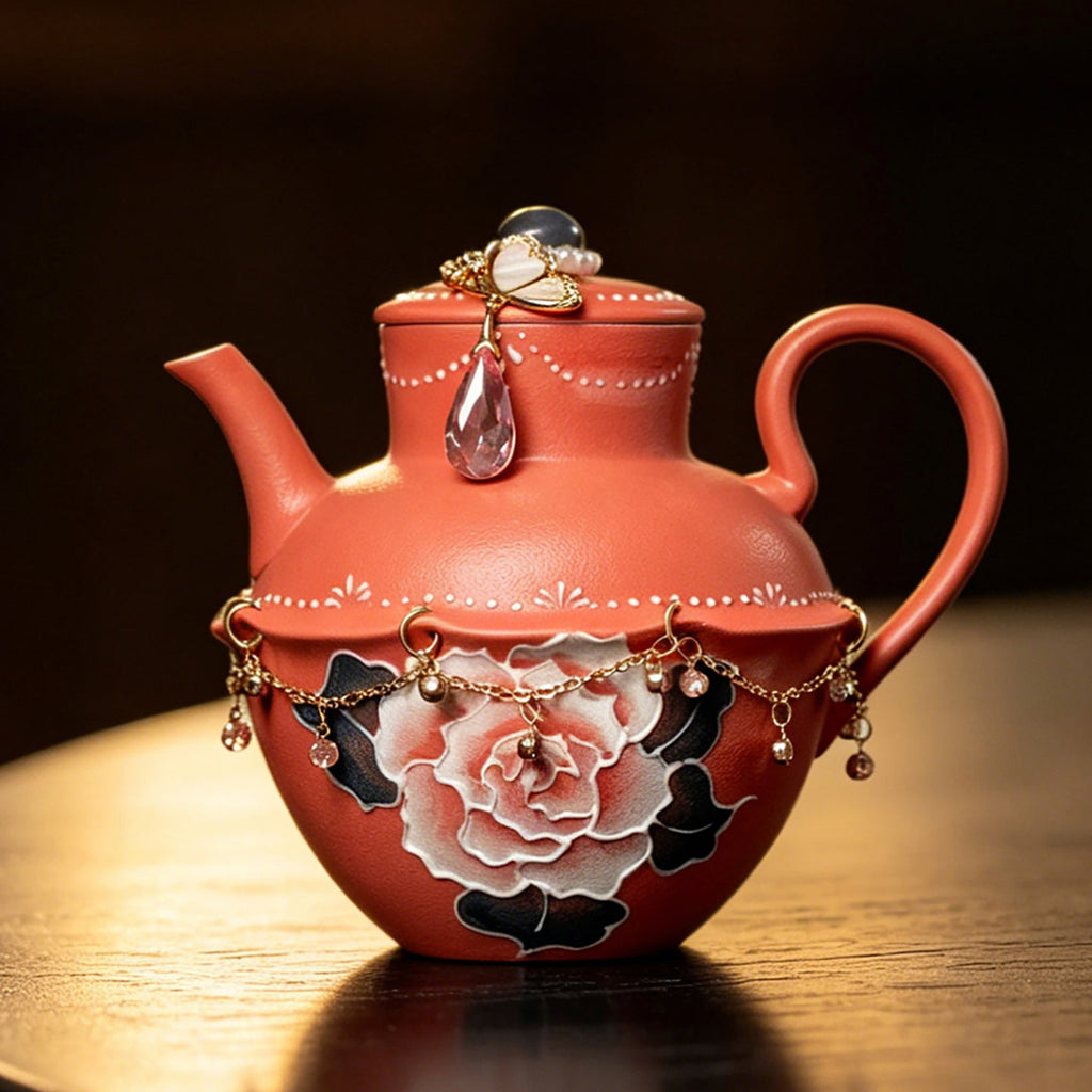 Cinnabar Red Brocade Peony Islet Teapot — view 5