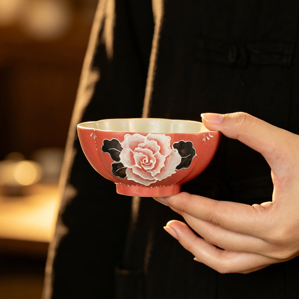 Cinnabar Red Brocade Peony Shell Tasting Cup — view 2