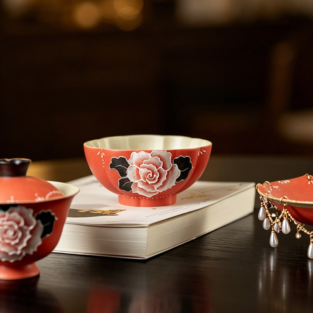 Cinnabar Red Brocade Peony Shell Tasting Cup — view 3