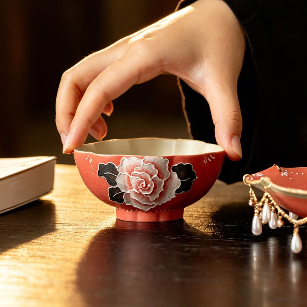 Cinnabar Red Brocade Peony Shell Tasting Cup — view 4