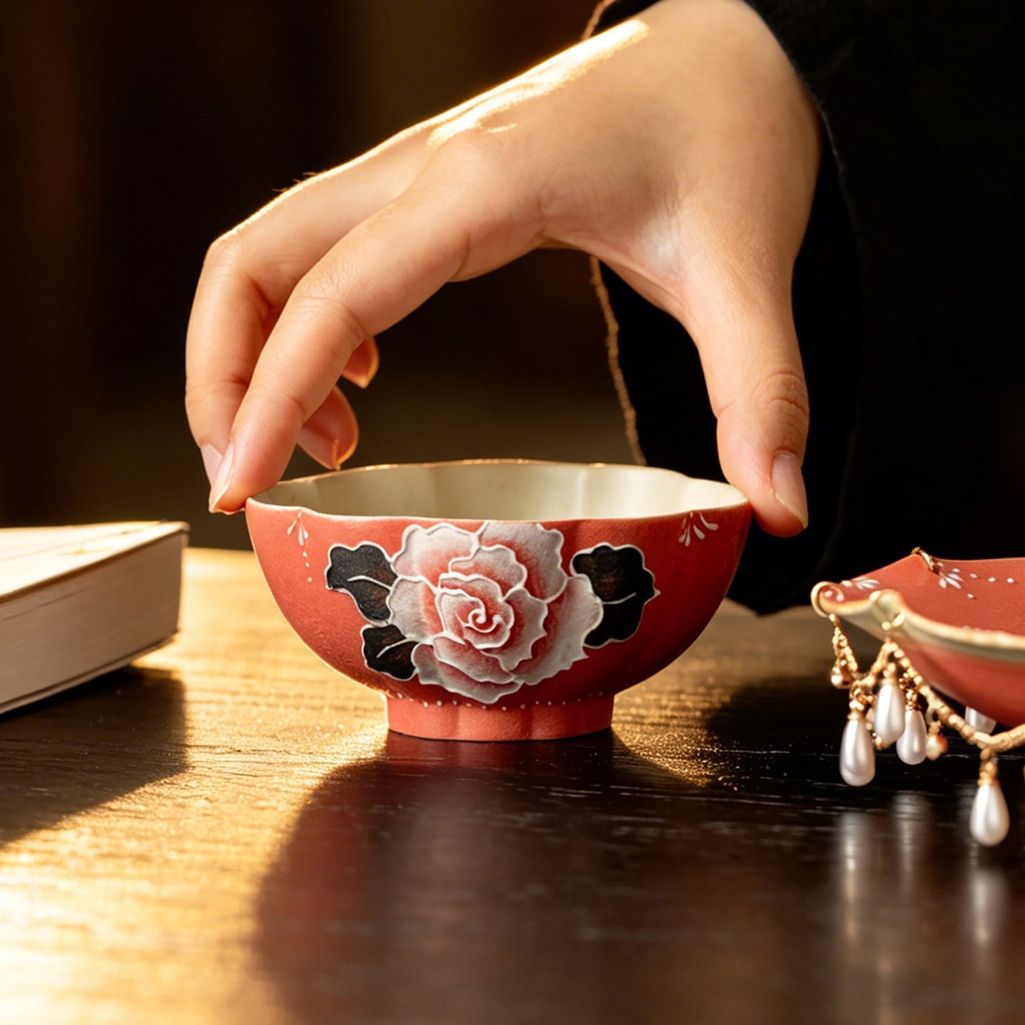 Cinnabar Red Brocade Peony Shell Tasting Cup — view 4