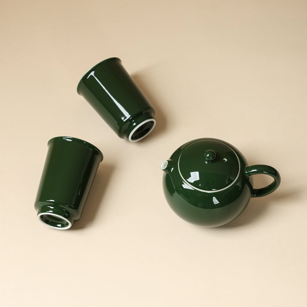 Deep Green Xishi Teapot & Two Guanru Cups Set — view 1
