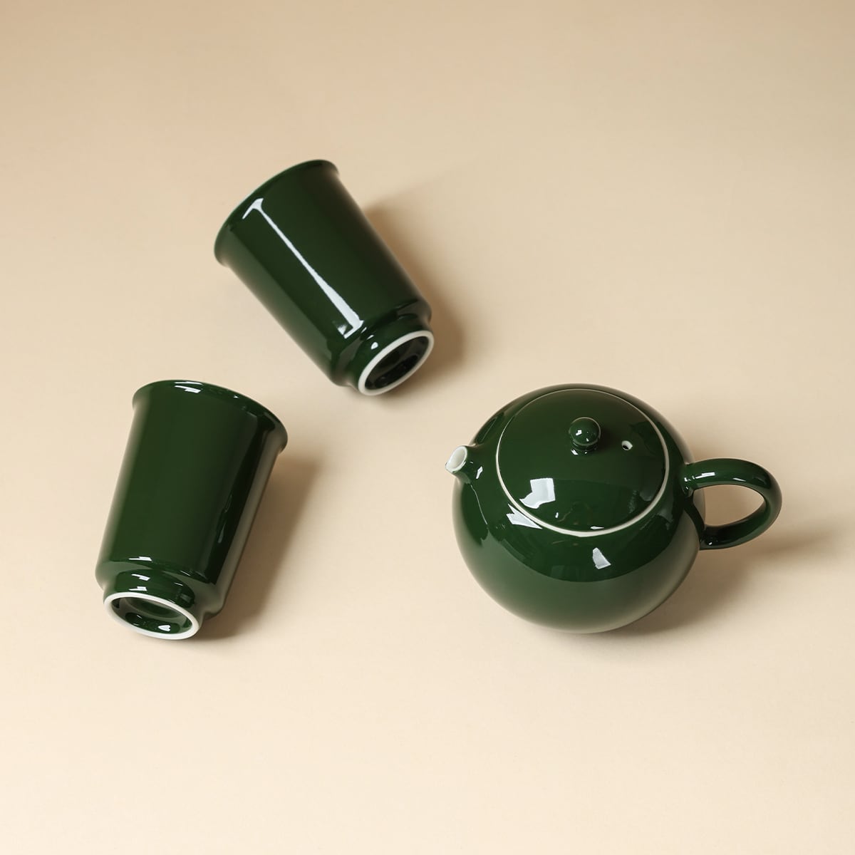 Deep Green Xishi Teapot & Two Guanru Cups Set — view 1
