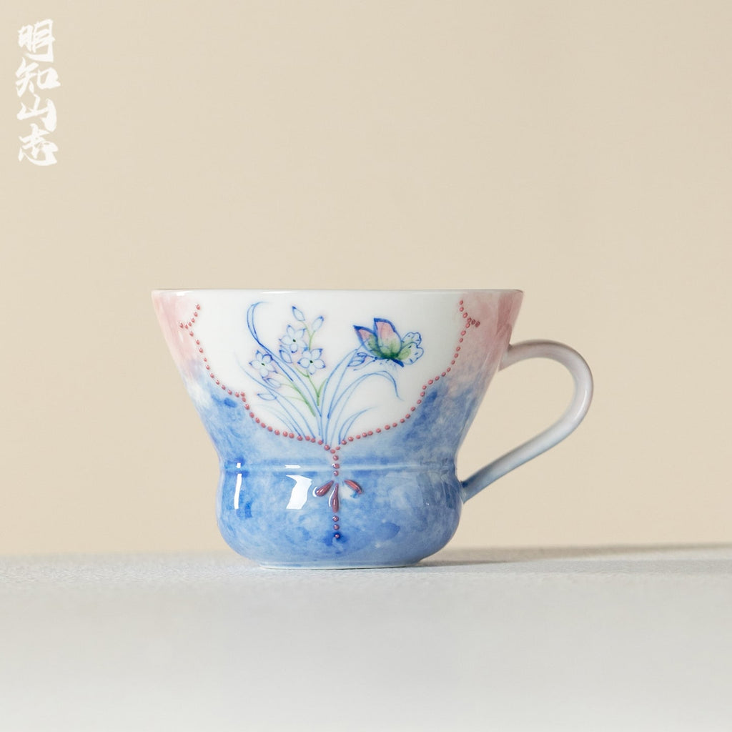 Hand-Painted Butterfly Garden Clear-Sky Ear-Handle Tasting Cup — view 2