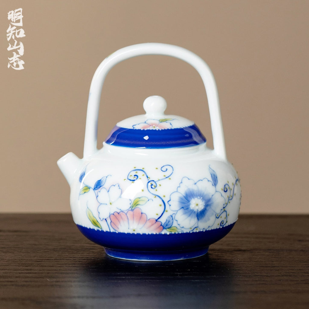 Ivory Clay Blue Floral Tale Palace Lantern Bail-Handle Teapot — view 2