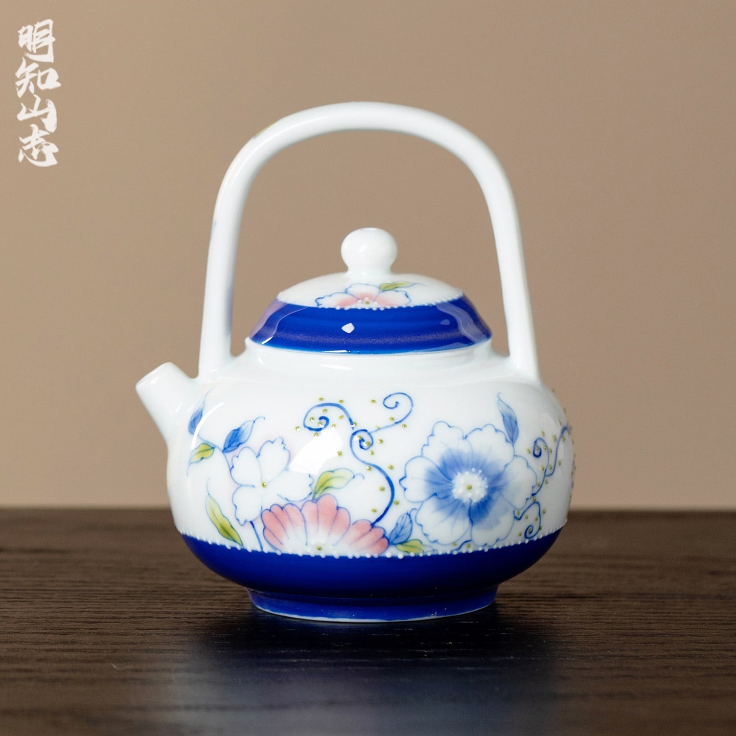 Ivory Clay Blue Floral Tale Palace Lantern Bail-Handle Teapot — view 2