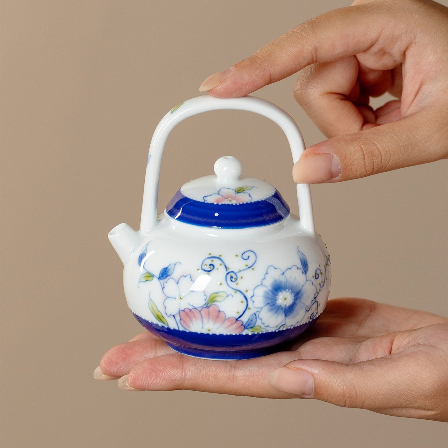 Ivory Clay Blue Floral Tale Palace Lantern Bail-Handle Teapot — view 3