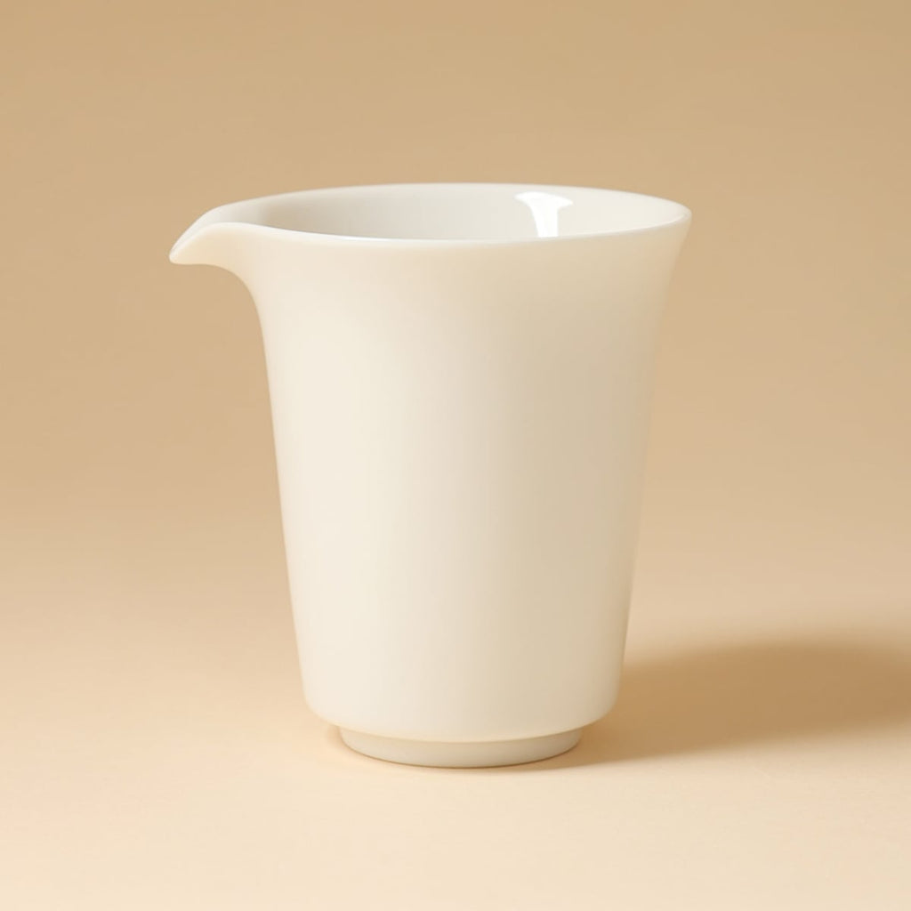Studio view of the tall ivory-white pitcher with its pouring lip facing left