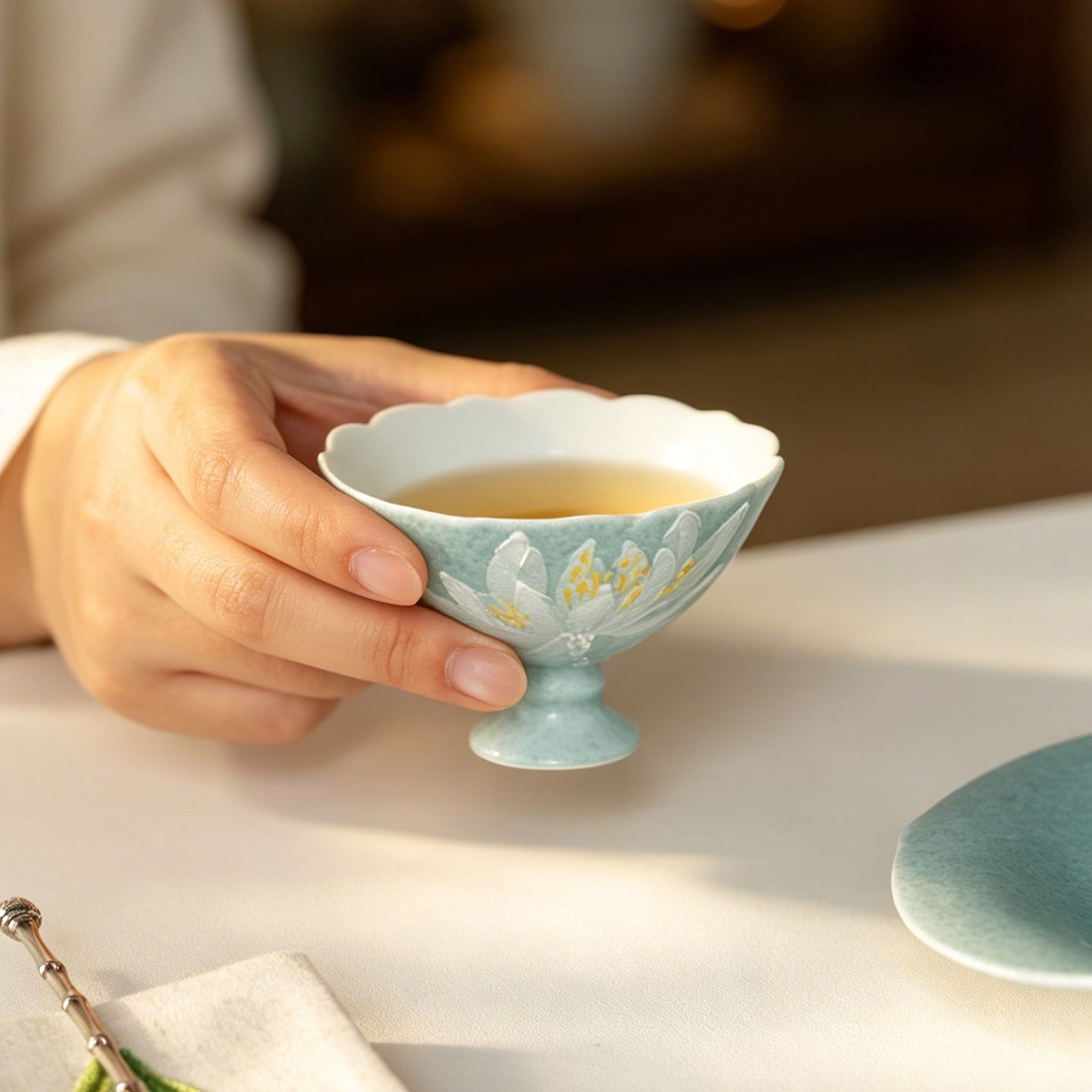 Lake Blue Moonlit White Lotus Evening Grain High-Footed Tasting Cup — view 2