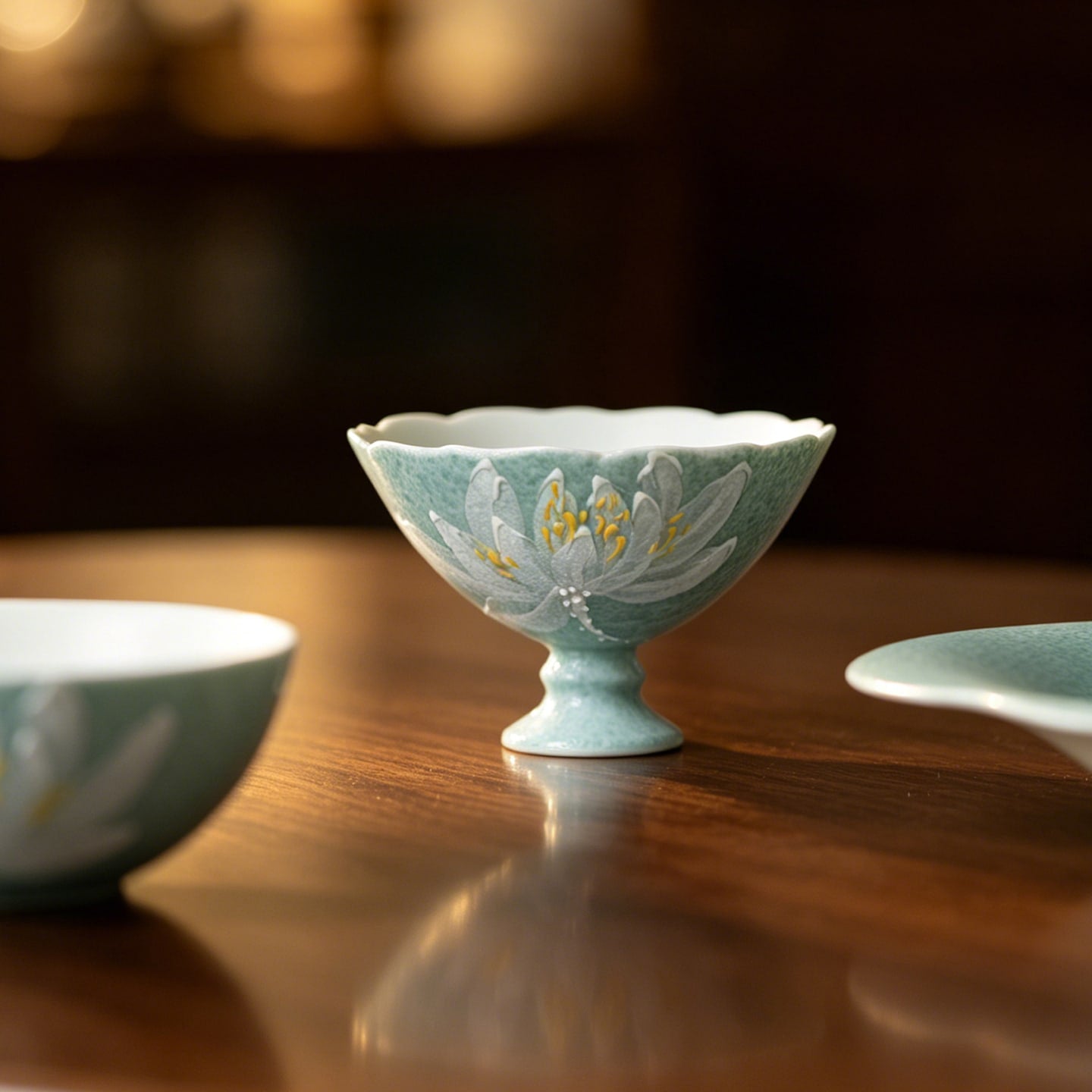 Lake Blue Moonlit White Lotus Evening Grain High-Footed Tasting Cup — view 4