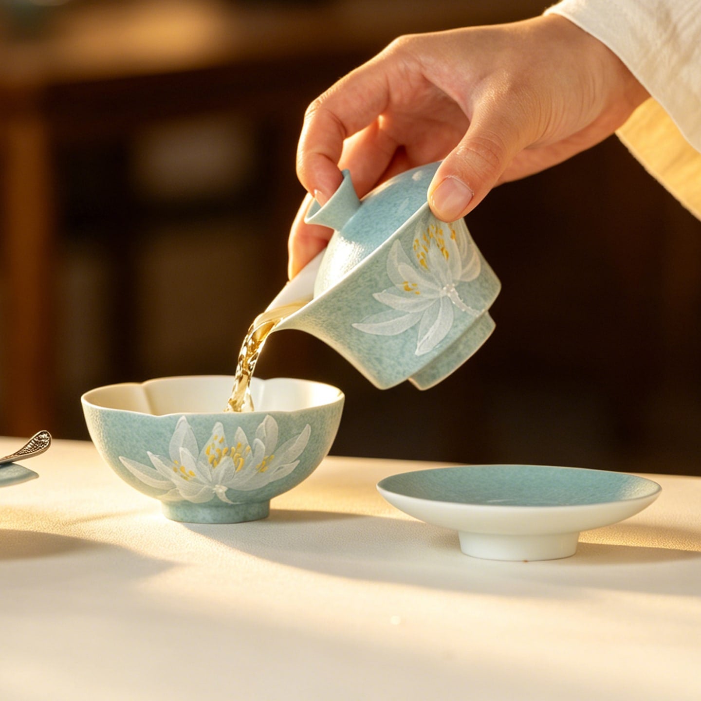 Lake Blue Moonlit White Lotus Horseshoe Three-Piece Gaiwan — view 2