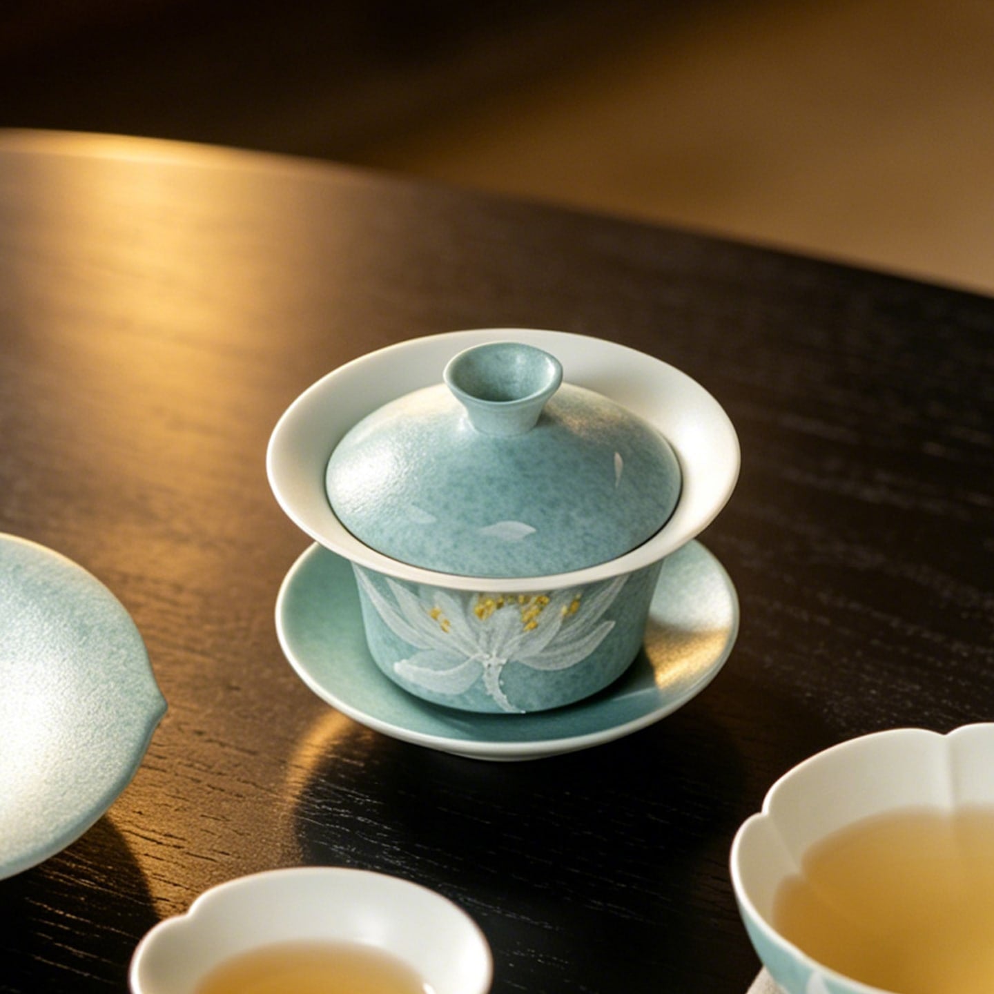 Lake Blue Moonlit White Lotus Horseshoe Three-Piece Gaiwan — view 3