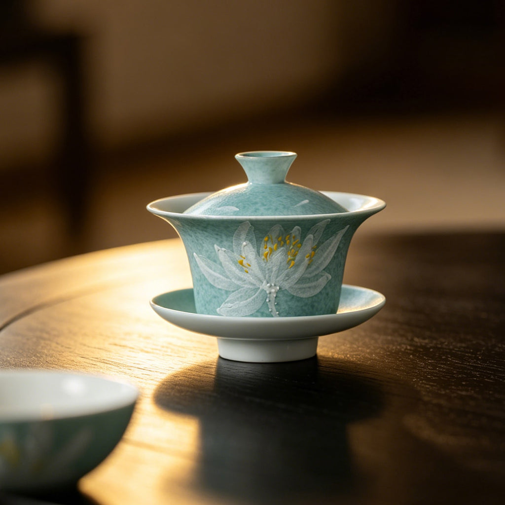 Lake Blue Moonlit White Lotus Horseshoe Three-Piece Gaiwan — view 4