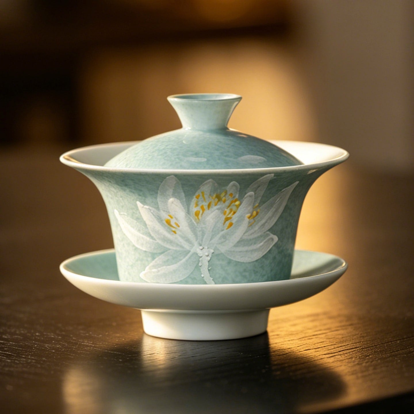Lake Blue Moonlit White Lotus Horseshoe Three-Piece Gaiwan — view 5
