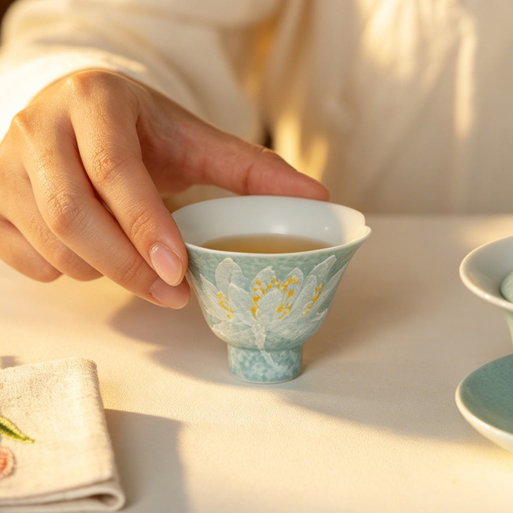 Lake Blue Moonlit White Lotus Pear-Cloud High-Footed Tasting Cup — view 2