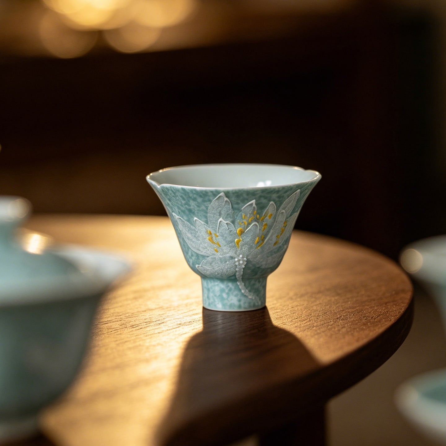 Lake Blue Moonlit White Lotus Pear-Cloud High-Footed Tasting Cup — view 4