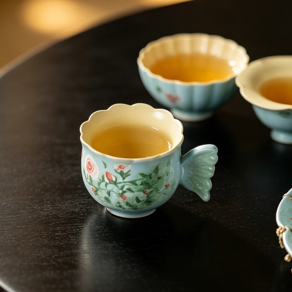 Lake Blue Trailing Rose Butterfly Handle Tasting Cup — view 3