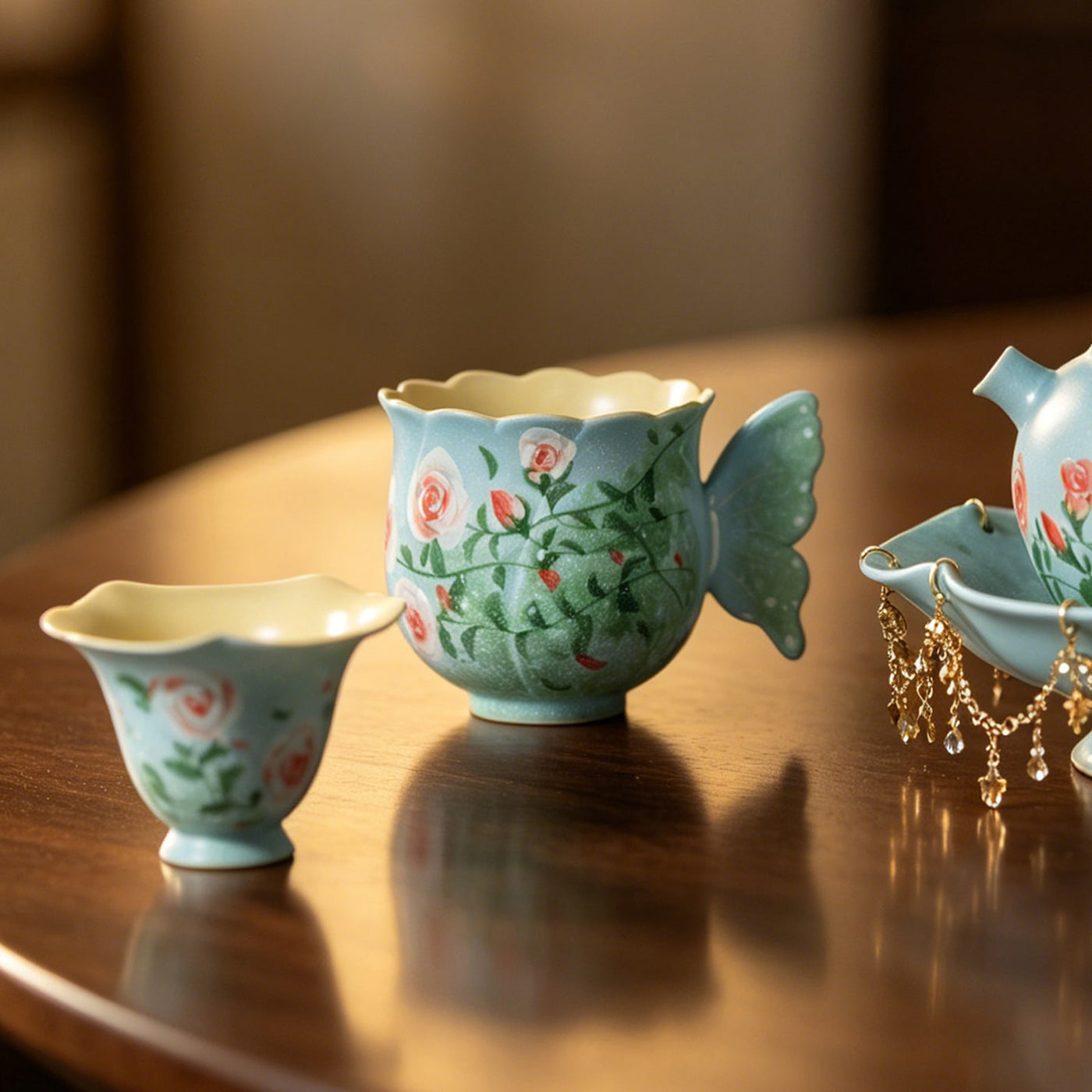Lake Blue Trailing Rose Butterfly Handle Tasting Cup