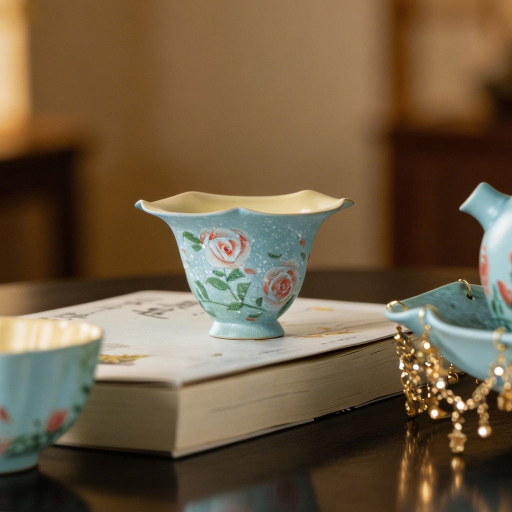 Lake Blue Trailing Rose Flowing Cloud Petal-Rim Tasting Cup — view 4