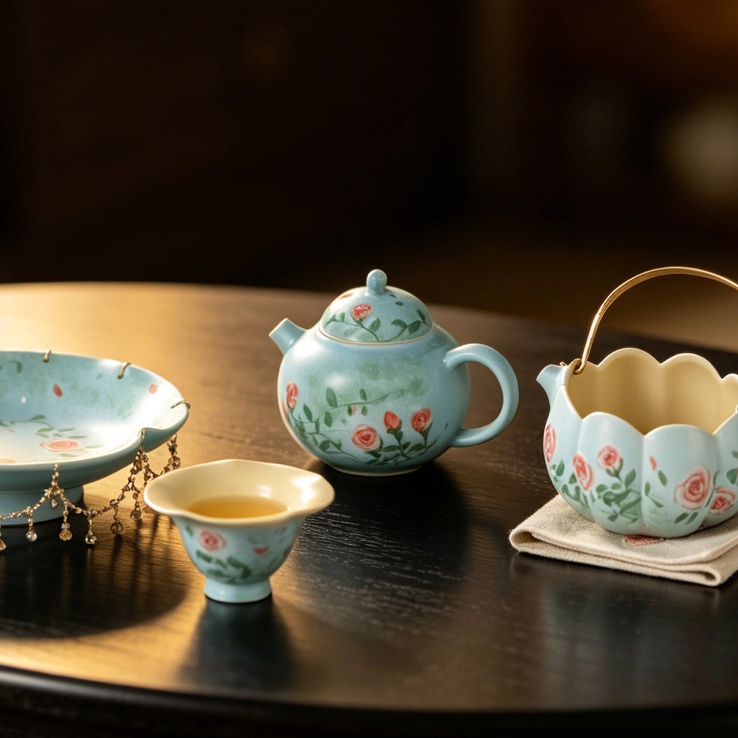 Lake Blue Trailing Rose Full Moon Teapot