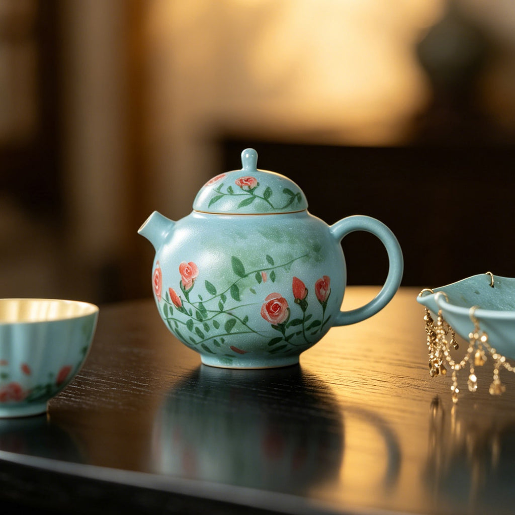 Lake Blue Trailing Rose Full Moon Teapot — view 4