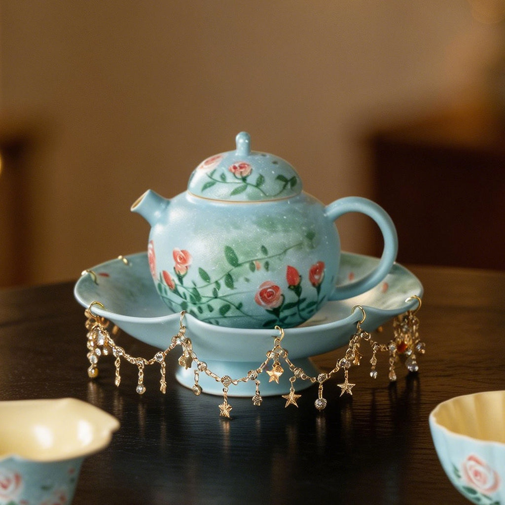 Lake Blue Trailing Rose Gilded-Fringe Pot Rest — view 4