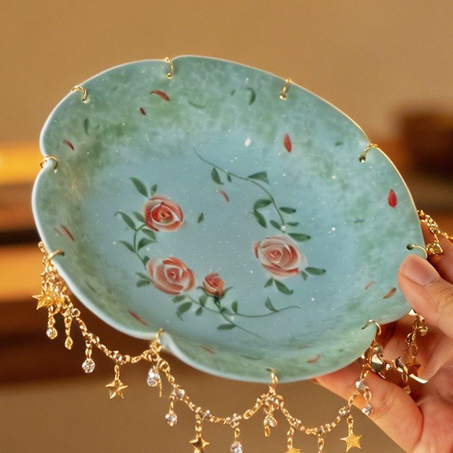 Lake Blue Trailing Rose Gilded-Fringe Pot Rest — view 5
