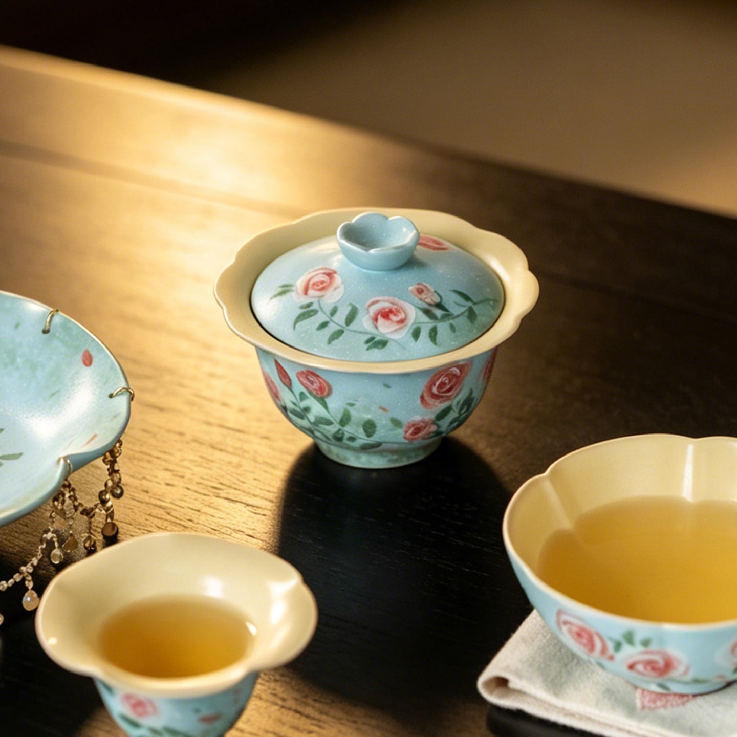 Lake Blue Trailing Rose Lotus Flared-Rim Gaiwan — view 3