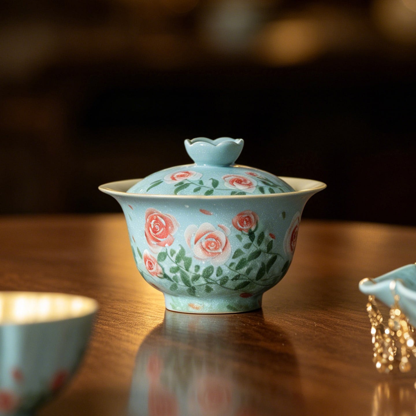 Lake Blue Trailing Rose Lotus Flared-Rim Gaiwan — view 4